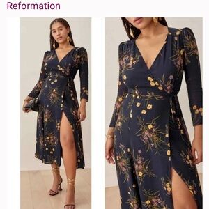 This is a Reformation Melba floral wrap midi dress in the Mademoiselle